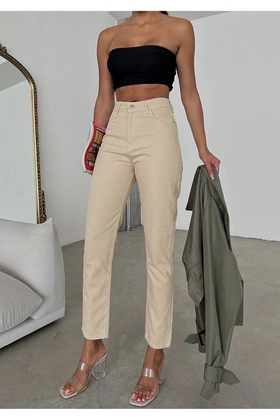 ByCukurovaFrango Model 2024 Blugi albi pana la glezna Mom Jean