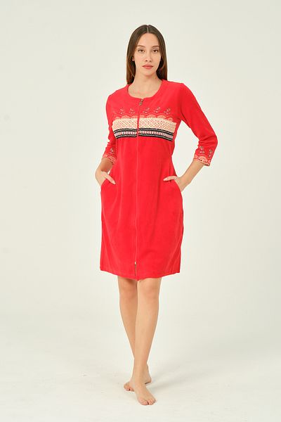 İntensive Lace And Embroidery Detailed Zippered Pocket Cotton Velvet Dress