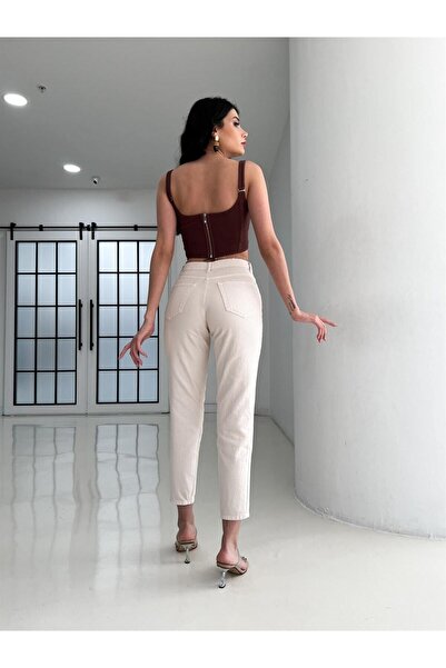 ByCukurovaFrango Harvey Women's Beige High Waist Mom Lycra Jeans 2024