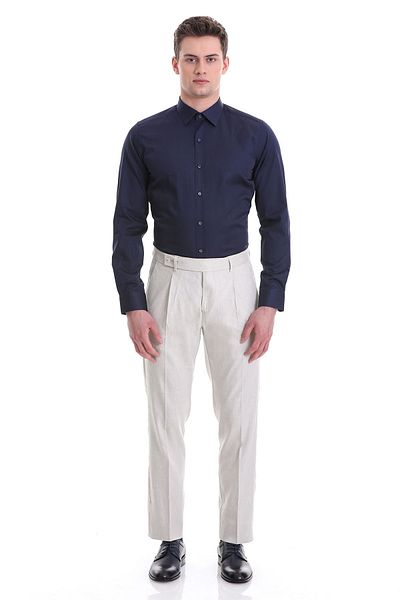 Hatemoğlu Μπλε Navy Slim Fit Απλό 100% βαμβακερό μακρυμάνικο πουκάμισο με λεπτή λαιμόκοψη
