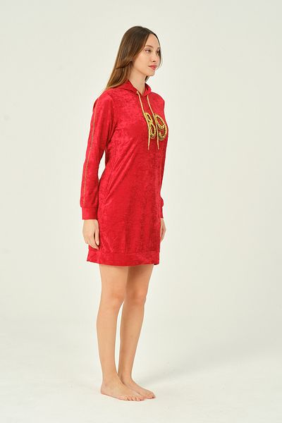 İntensive Women's Hooded Pocket Rhinestone Detail Velvet Long Sleeve Dress