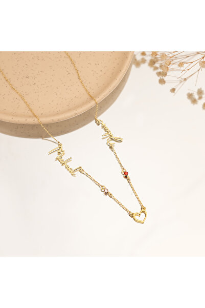 Dkmn Silver Çift Doğum Taşlı Iki Isimli Kolye 925 Ayar Kadın Gümüş Kolye