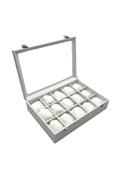 Genel Markalar Cam Kapaklı Saat Kutusu 15 li Beyaz Deri Kaplama Şık Organizer