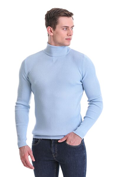 Hatemoğlu Mavi Slim Fit Fitilli Balıkçı Yaka Yünlü Triko Kazak