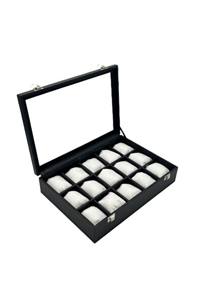 Zeyn Dekor Κουτί ρολογιών με γυάλινο κάλυμμα, 15 θέσεων, με μαύρη δερμάτινη ε...