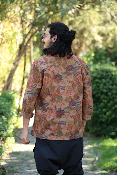 Şaman Butik Kahverengi Desenli Yakası Bağcıklı Bohem Erkek Gömlek