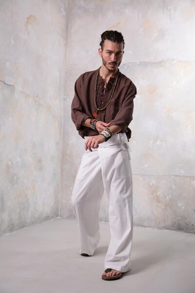 Şaman Butik Kahverengi Yakası Bağcıklı Bohem Erkek Gömlek