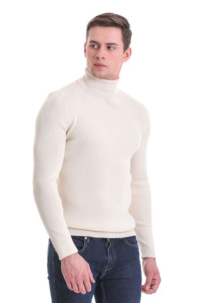 Hatemoğlu Bej Slim Fit Fitilli Balıkçı Yaka Yünlü Triko Kazak