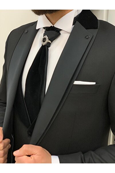 LONATOLİA Men's Tuxedo Groom Suit Shawl Collar Italian Style Slim Fit Jacket Vest Pants Tie Bow Tie-Black