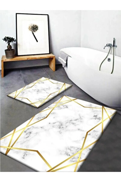 Dama Çizgili Mermer Desenli 2'li Banyo Halı Takımı