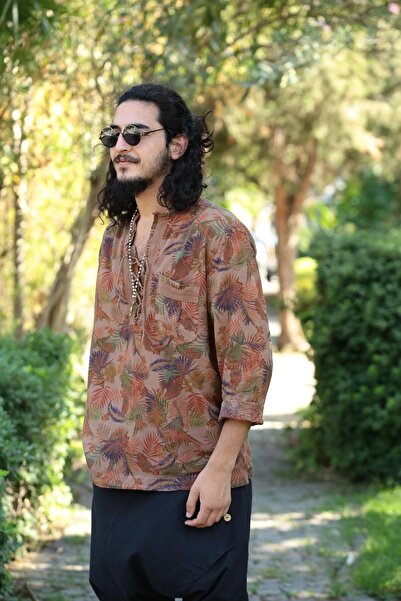 Şaman Butik Kahverengi Desenli Yakası Bağcıklı Bohem Erkek Gömlek