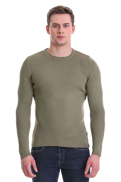 Hatemoğlu Green Slim Fit Corded Crew Neck Wool Knitwear Sweater