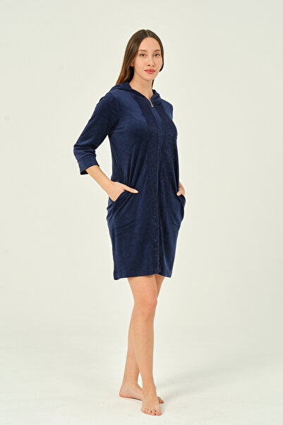 İntensive γυναικείο βελούδινο φόρεμα με κουκούλα με φερμουάρ και τσέπες με δαντέλα