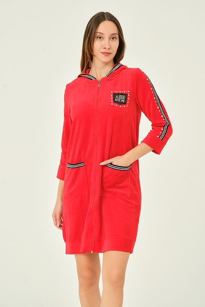 İntensive women's hooded stripe and letter detail zipper dress