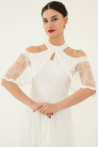 PULLIMM Shoulder Detail Long Lace Evening Dress 13328