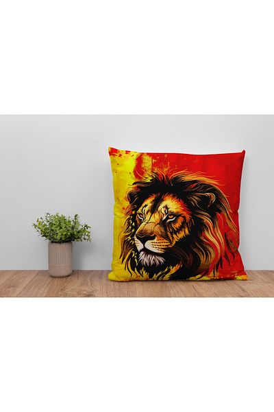 menesahome Menesa Home Lion Patterned Red Colored Special Design Digital Printed Throw Pillow Cover