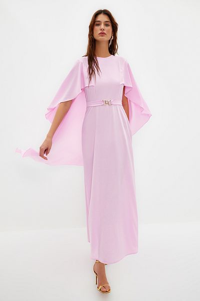 Trendyol Modest Lilafarbenes Cape mit Gürtel, detailliertes, elegantes gewebtes Abendkleid TCTSS24DB00003