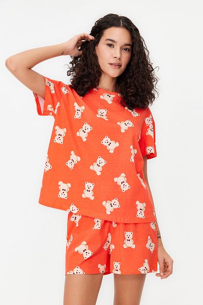 Trendyol Collection 100% bawełny, cynamonowy kolorowy zestaw piżamowy z misiem Teddy Bear - koszulka i spodenki Thmss23Pt00005
