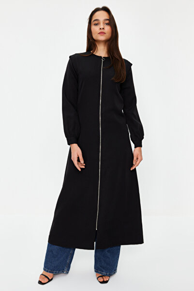 Trendyol Modest Black Full Length Zipper Crepe Cap Maxi Dress TCTAW24EB00085