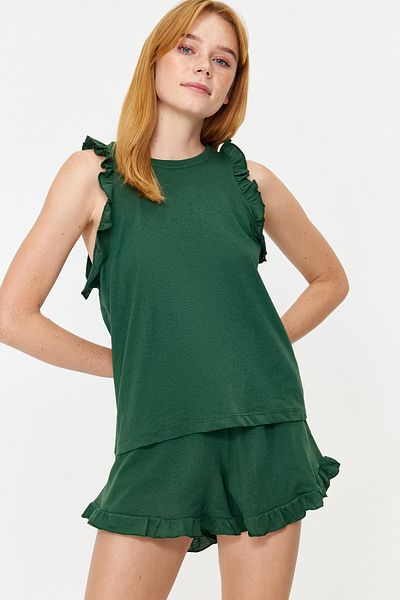 Trendyol Collection Detailní sada bavlněného pyžama Emerald Green Frill - THMSS22AU0304