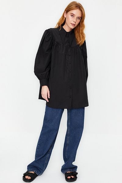 Trendyol Modest Black Collar Detailed Relaxed Fit Cotton Woven Shirt TCTSS24TG00016