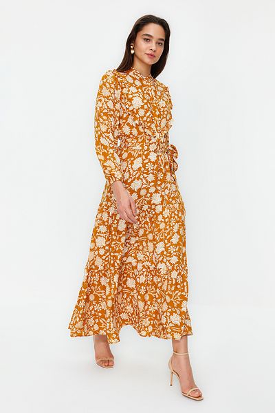 Trendyol Modest Mustard Small Floral Printed Ruffle Detailed Belted Woven Dress TCTSS21EL3340