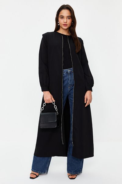 Trendyol Modest Black Full Length Zipper Crepe Cap Maxi Dress TCTAW24EB00085