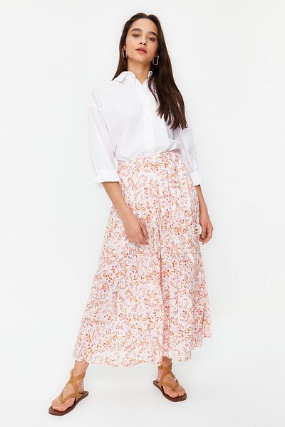 Trendyol Modest Εκρού φλοράλ μοτίβο πλισέ ελαστική φούστα στη μέση TCTSS23EE00018