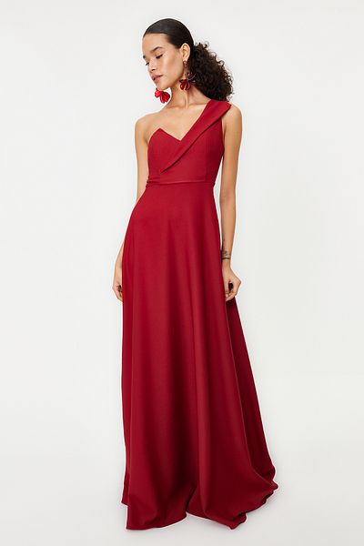 Trendyol Collection Bordó A-szabású gallérral részletezett hosszú estélyi ruha TPRSS19UT0054