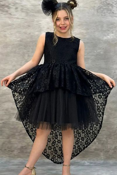 Tomac Girl's Black Floral Patterned Evening Dress