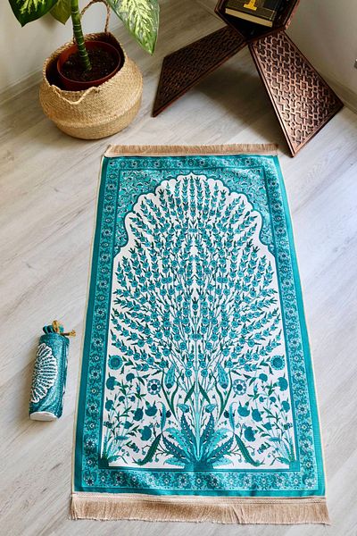 Bilenler Tile Patterned Silk Textured Pouch Prayer Rug S1027 Blue Color