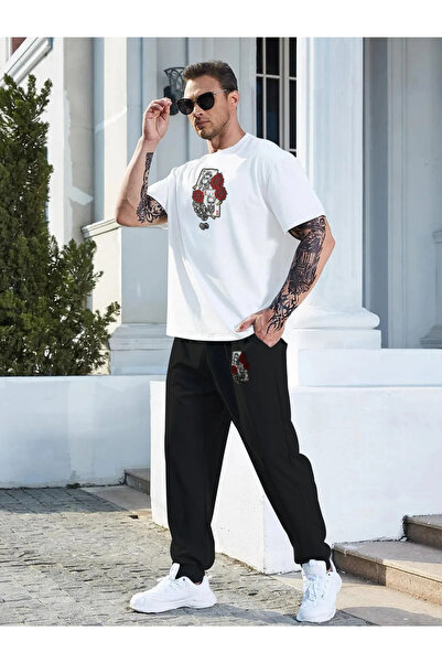 bellanova Set tricou imprimat cu cărți de joc și pantaloni de jogging - Decolteu