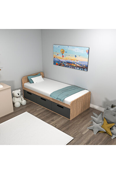 ARNETTİ Akser Atlantik Çam Antrasit Karyola – 90x190 Tek Kişilik Yatak Uyumlu, Dolaplı Genç Karyolası