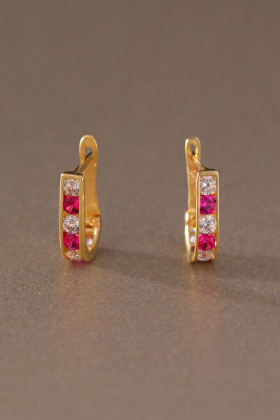 WOOW GOLD 14 Ayar Altın Küpe Kırmızı Taşlı J Küpe