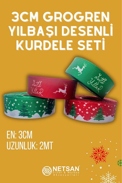 Netsan Etiket 3cm x 2m New Year's Figured 4 Different Grosgrain Ribbon