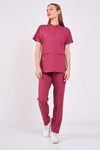 Owlet Medikal Likralı Koyu Pembe Fermuar Detaylı Takım