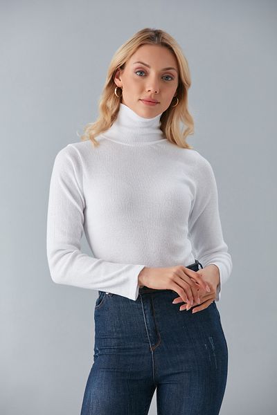 Cosy&Chic Pulover alb din bumbac cu gât roscat, înălțat, slimfit