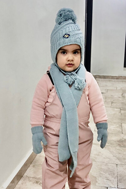 Mika Bebek & Çocuk 1-4 Years Old Boy with Ears Hat, Scarf, Gloves Set