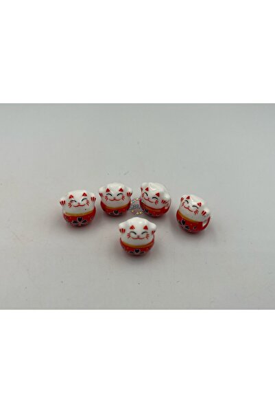 Ebruli Boncuk 14.56 mm Kırmızı Şans Kedisi 5’li Desenli Seramik Takı Yapımı Bileklik Kolye Aksesuar Boncuk