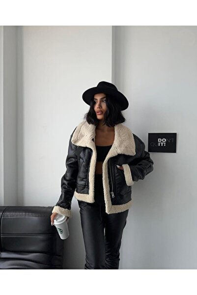 Butik Kadın Içi Yünlü Kürklü Kısa Biker Deri Mont