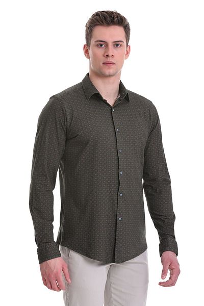 Hatemoğlu Πράσινη Slim Fit εμπριμέ 100% βαμβακερή λεπτή λαιμόκοψη μακρυμάνικο πουκάμισο casual