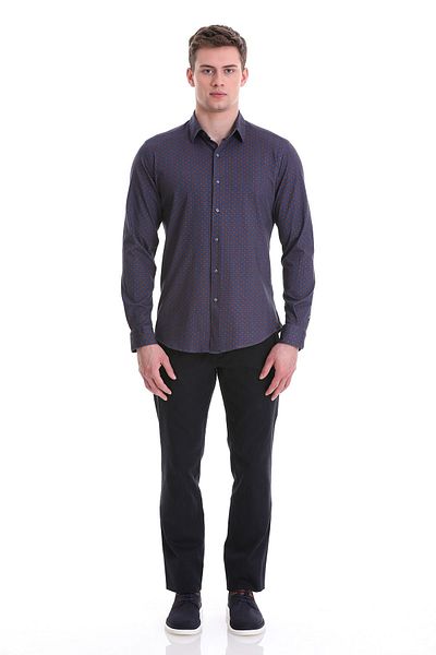 Hatemoğlu Μπλε Navy Slim Fit εμπριμέ 100% βαμβακερό μακρυμάνικο πουκάμισο με λεπτή λαιμόκοψη