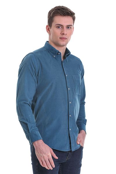Hatemoğlu Μπλε Slim Fit Μασίφ 100% βαμβακερό γιακά με κουμπιά μακρυμάνικο κλασικό πουκάμισο