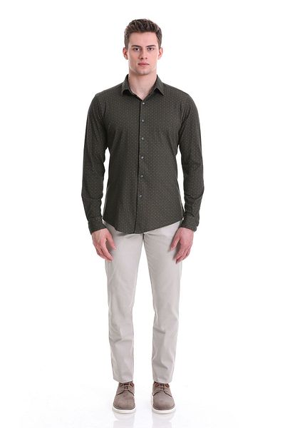 Hatemoğlu Πράσινη Slim Fit εμπριμέ 100% βαμβακερή λεπτή λαιμόκοψη μακρυμάνικο πουκάμισο casual