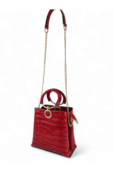 Evident Red Patent Leather Crocodile Ring Handled Chain Hand and Shoulder Women's Bag