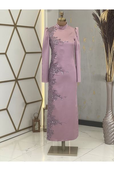 Surikka Front Applique Embroidered Pencil Crescent Hijab Evening Dress Lilac