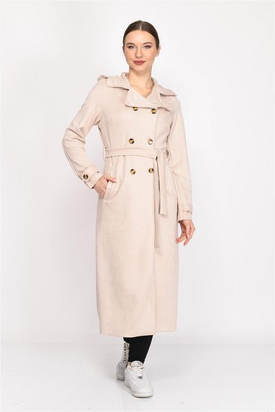 Nuseel Double Breasted Collar Faux Suede Trench Coat Beige