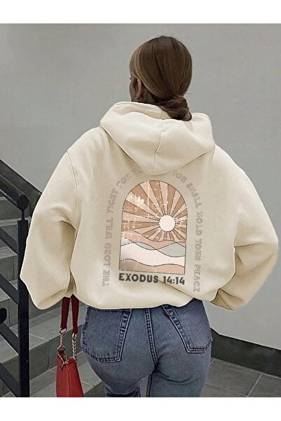 Know Hanorac cu glugă supradimensionat cu imprimeu Bej Exodus pentru damă