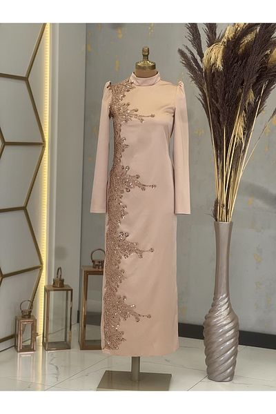 Surikka Μπροστινό κέντημα απλικέ Μολύβι Crescent Hijab Βραδινό Φόρεμα Mink