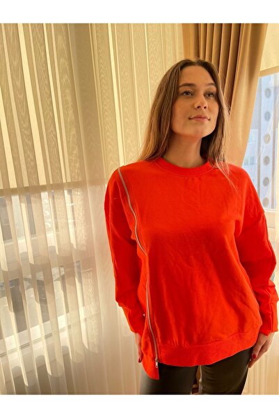 DesignWorld Turuncu Fermuar Detaylı Sweatshirt